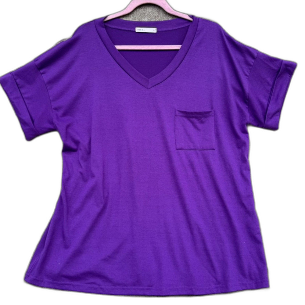 Vibrant Royal Purple V-Neck Short Sleeve Top Pocket Tee Size XL Fits XXL EUC
